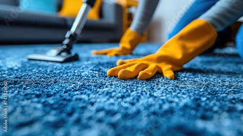 Cleaner uses vacuum cleaner on floor rugs