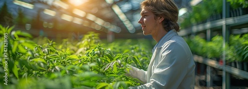 In a marijuana greenhouse, a scientist examines hemp plants. The idea of complementary and herbal medicine