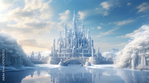 A majestic AI-constructed ice palace stands as a symbol of enchantment in the winter landscape, its intricate architecture and crystalline spires creating a sense of wonder. 