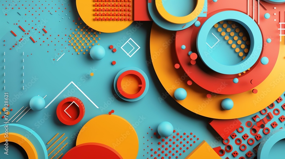 3D rendering of colorful geometric shapes. Abstract background with balls, rings and other elements.