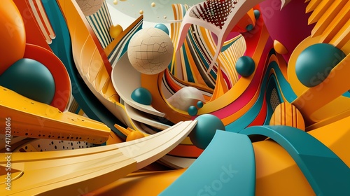 3D rendering of a colorful abstract landscape with geometric shapes and spheres.