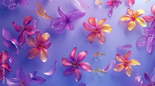 Beautiful transparent watercolor flowers. Delicate petals of purple  pink and yellow flowers on a light blue background.