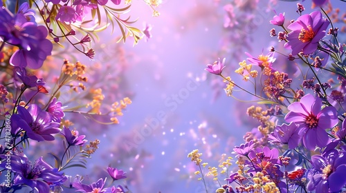 A beautiful floral background with a variety of flowers in shades of purple, pink, and yellow. The flowers are set against a soft, dreamy background. © Nijat