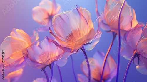 3D rendering of pink and orange flowers with a gradient background. The flowers are in focus and have a soft  ethereal glow.