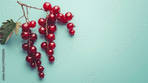 A close-up image of a bunch of red currants on a branch with green leaves against a pale blue background. photo