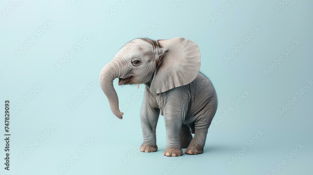 A studio shot of a baby elephant standing on a blue background. The elephant is gray and has large ears.