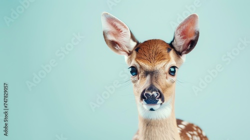 Portrait of a cute baby deer looking at the camera with big eyes. The deer has soft brown fur and white spots.