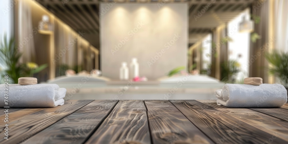 Empty top table with blurred luxury spa interior background for product display, professional studio photo 