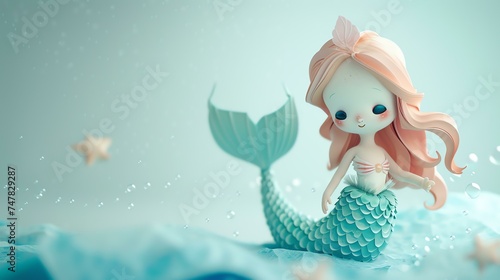 Little mermaid sitting on a rock in the middle of the ocean. She has long pink hair and a green fishtail.