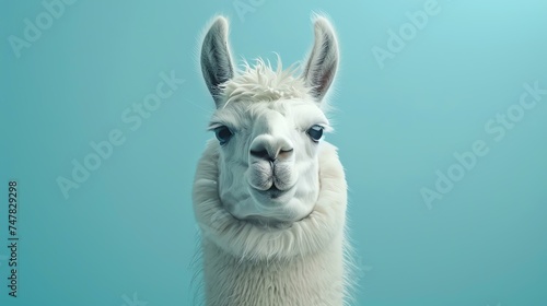 A llama is standing in front of a blue background. The llama is white and has a long neck. It is looking at the camera with a curious expression. © Nijat