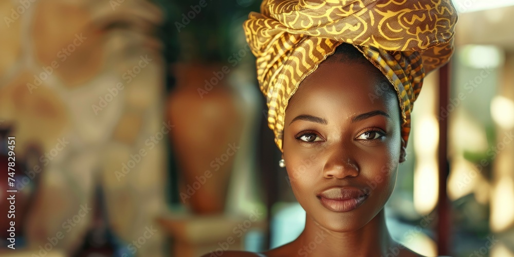 Portrait of charming sensitive intricate african woman in luxury spa, perfect skin, big eyes, sensitive lips, staged photo with copyspace, professional shoot