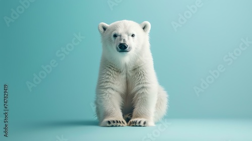 A beautiful polar bear sits on a blue background. The bear is looking at the camera with a curious expression. photo