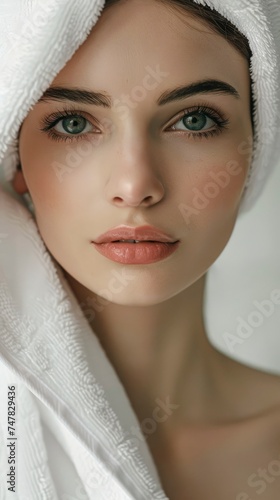 Portrait of charming sensitive caucasian woman in luxury spa, perfect skin, big eyes, puffed lips, staged photo with copyspace, professional shoot