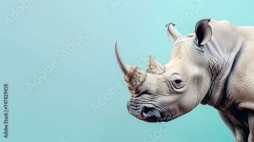 Close-up of a rhinoceros head on a blue background. The rhinoceros is looking to the left of the frame.