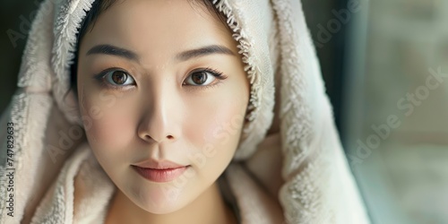 Portrait of charming sensitive intricate asian woman in luxury spa, perfect skin, big eyes, sensitive lips, staged photo with copyspace, professional shoot