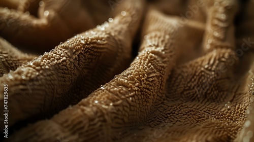 Close-up of a brown towel with water drops. The towel is soft and fluffy, and the water drops are clear andæ™¶èŽ¹å‰”é€.