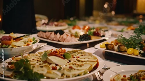 catering wedding buffet food indoor in luxury restaurant with meat colorful fruits and vegetables, Catering banquet and food decoration in the restaurant, AI Generated photo