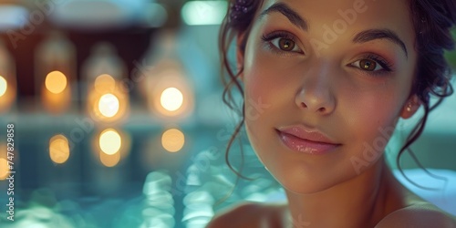 Portrait of charming sensitive intricate latina woman in luxury spa, perfect skin, big eyes, sensitive lips, staged photo with copyspace, professional shoot