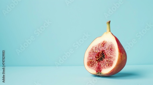 A halved fig on a blue background. The fig is ripe and juicy, with a deep red color. The seeds are visible in the center of the fruit.