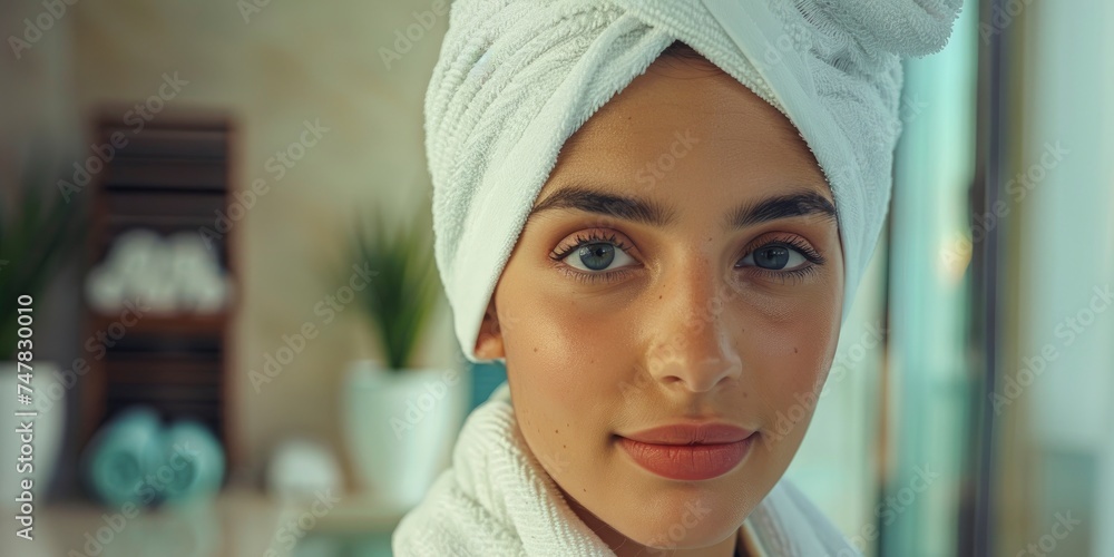 Portrait of charming sensitive intricate woman in luxury spa, perfect skin, big eyes, sensitive lips, staged photo with copyspace Portrait of charming sensitive intricate woman in luxury spa, perfect skin, big eyes, sensitive lips, staged photo with copyspace