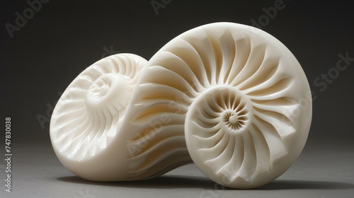 This image is of two white nautilus shells. The shells are perfectly symmetrical and have a beautiful spiral pattern.