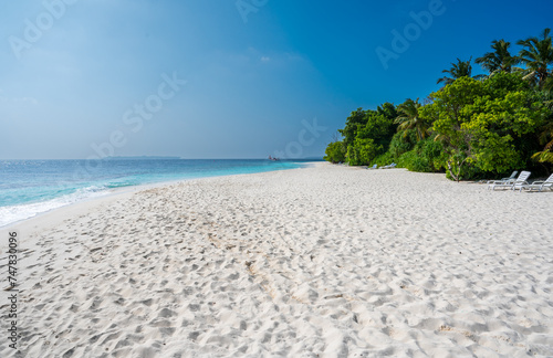 Beautiful sandy beach with a dense green forest. Seaplane floats on the sea.