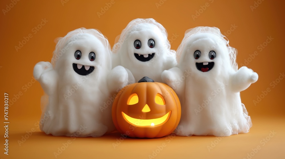 3 little ghosts with a Halloween celebration. Created with Generative AI. 3 little ghosts with a Halloween celebration. Created with Generative AI.
