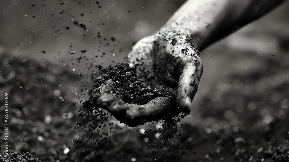 Black and white photo of a hand holding a handful of soil, with soil particles flying in the air. - obrazy, fototapety, plakaty 