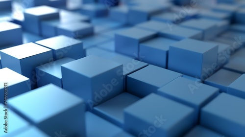 Blue abstract background of randomly sized cubes. 3d rendering illustration.