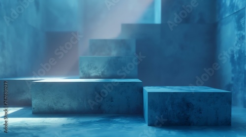 Blue concrete pedestals or podiums of different heights against a blue background. 3D rendering.