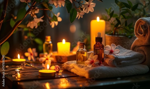 a serene spa or meditation setting with lit candles  fresh white flowers  massage oils  and fluffy towels on a wooden table  creating a tranquil atmosphere