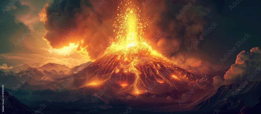 A painting capturing the dramatic moment of a volcanic eruption, with molten lava spewing high into the night sky, casting an intense glow over the landscape.