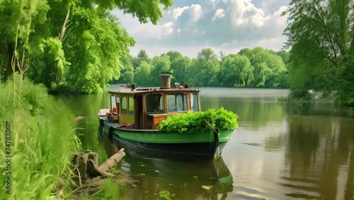 Boat on the river in the city park. Summer landscape. yellow boat on the lake at the wooden pier, AI Generated photo