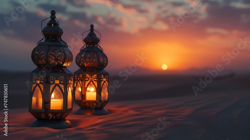 Two beautiful lanterns with intricate designs cast a warm glow in the middle of the desert at sunset.