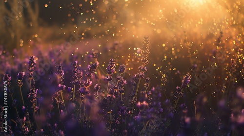 The image is a beautiful landscape of a lavender field with a warm golden sunset in the background. © Nijat