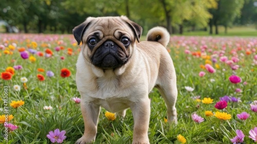 Fawn pug dog in flower field