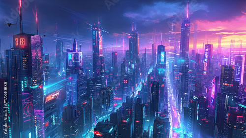 Futuristic city skyline with neon lights at dusk. Science fiction and fantasy.