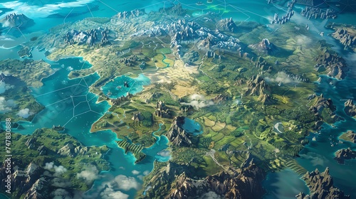 An illustration of a fantasy world map. The map features a large continent with a variety of biomes.