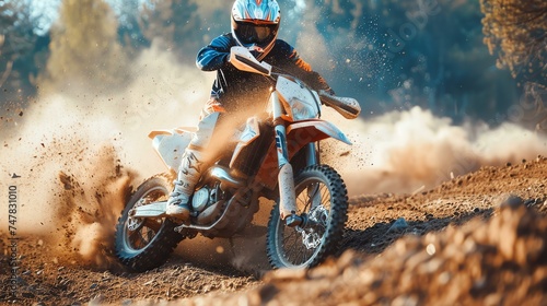 Motocross dirt bike rider is racing through a sandy corner. The rider is wearing protective gear and a helmet. The bike is in mid-air.