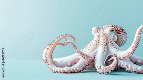 A beautiful octopus with a unique spotted pattern on its skin. It is sitting on a blue background, looking at the camera with its big, curious eyes.