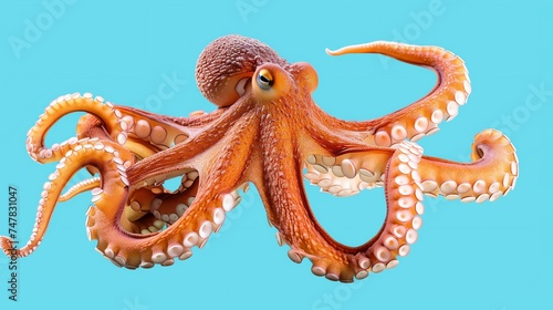 A beautiful octopus with vibrant orange skin and white suckers. It is swimming gracefully through the blue water, its tentacles trailing behind it.