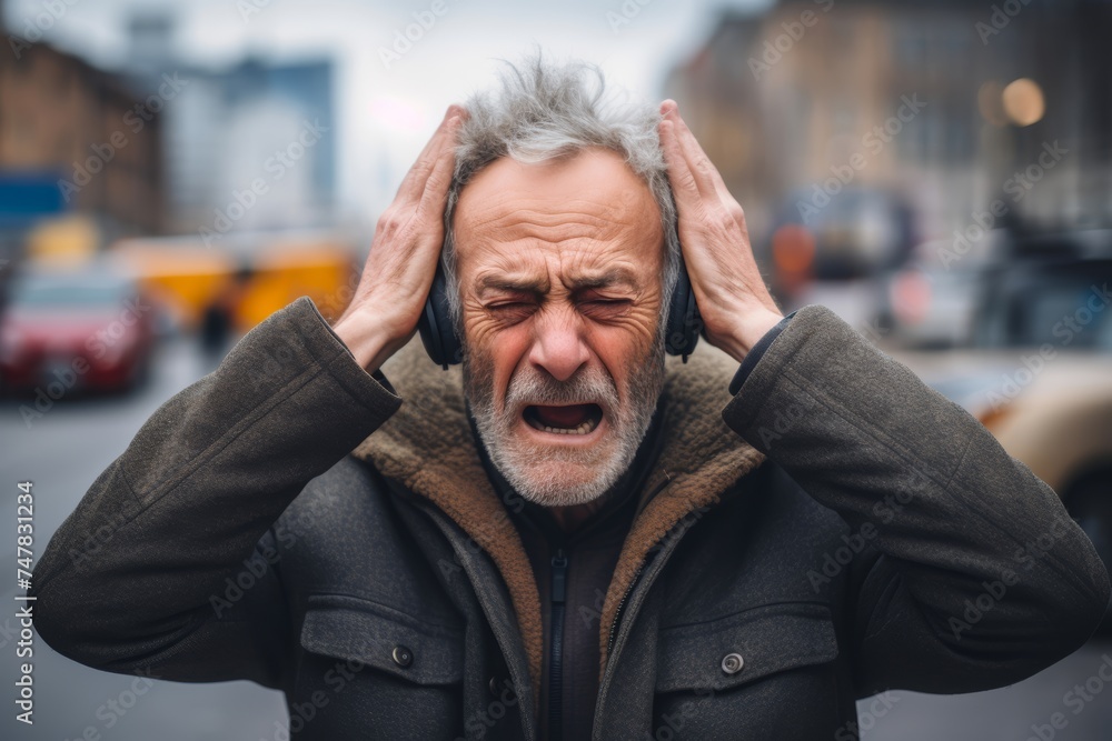 Photo portraying noise pollution's impact on mental health: an old man covering his ears to protect himself from the loud noises of the city Photo portraying noise pollution's impact on mental health: an old man covering his ears to protect himself from the loud noises of the city