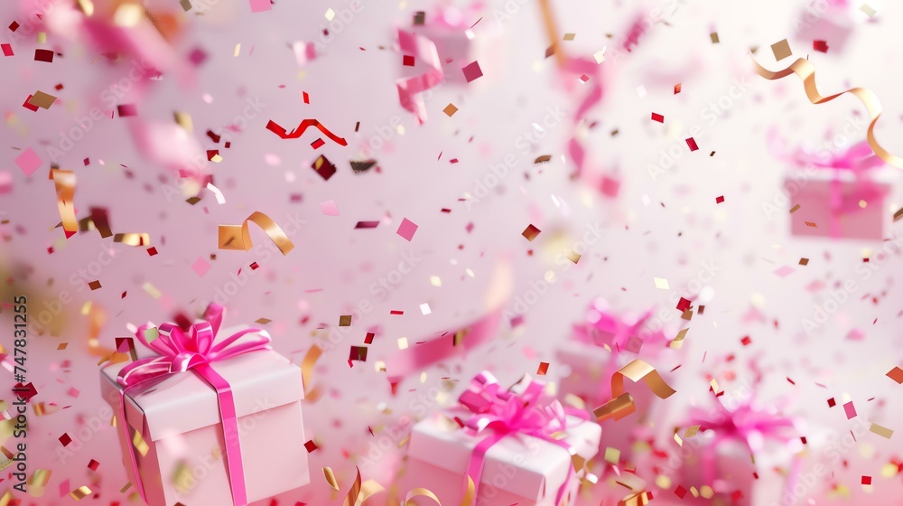 Pink gift boxes with pink and gold confetti falling on a pink background.