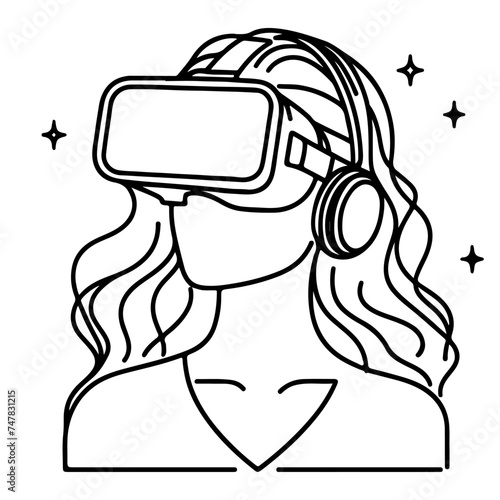 single continuous drawing black line art linear girl using virtual reality headset simulator glasses to learn new technology