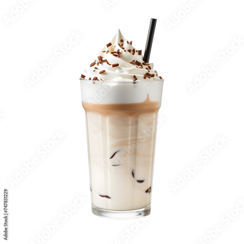 Iced chocolate milkshake with whipped cream in glass on transparent background