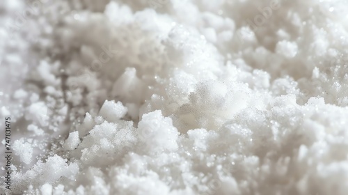 Close-up of a pile of white crystals. The crystals are illuminated from above and have a sparkling appearance. photo