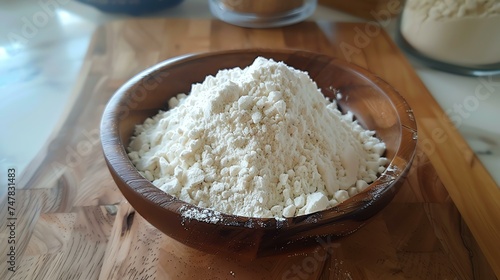 White powder in a wooden bowl on a wooden table. The powder is illuminated by natural light. photo