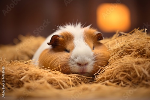  Photograph A sleepy guinea pig dozing off in a fluffy bed of hay, surrounded by soft pillows