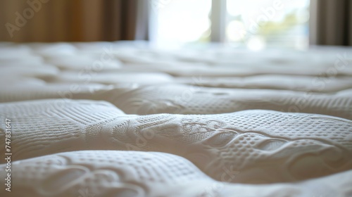 Close-up of a white, clean, soft, and comfortable mattress with a pillow-top. photo