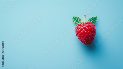 A close-up image of a fresh raspberry on a blue background. The raspberry is ripe and juicy, with a vibrant red color. The leaves are green and lush.